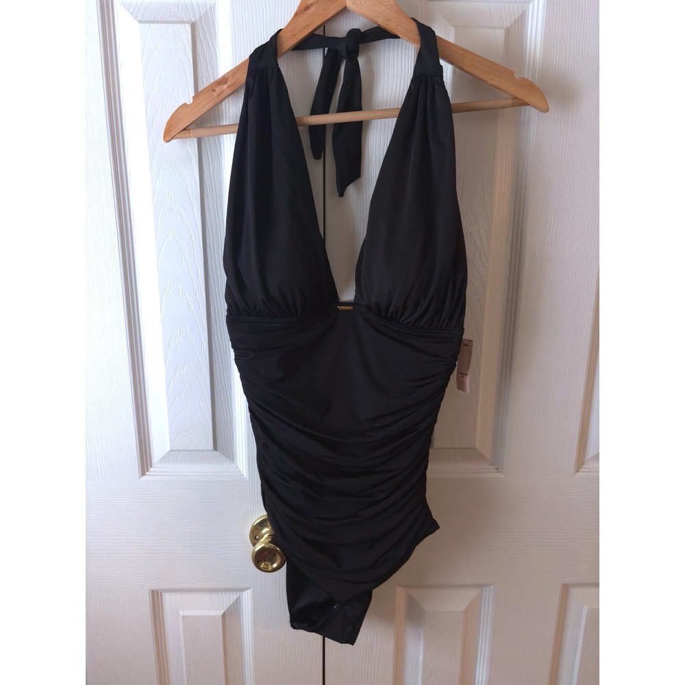 🆕VICTORIA'S SECRET Black Plunging Neckline Ruched Halter One Piece Swimsuit S